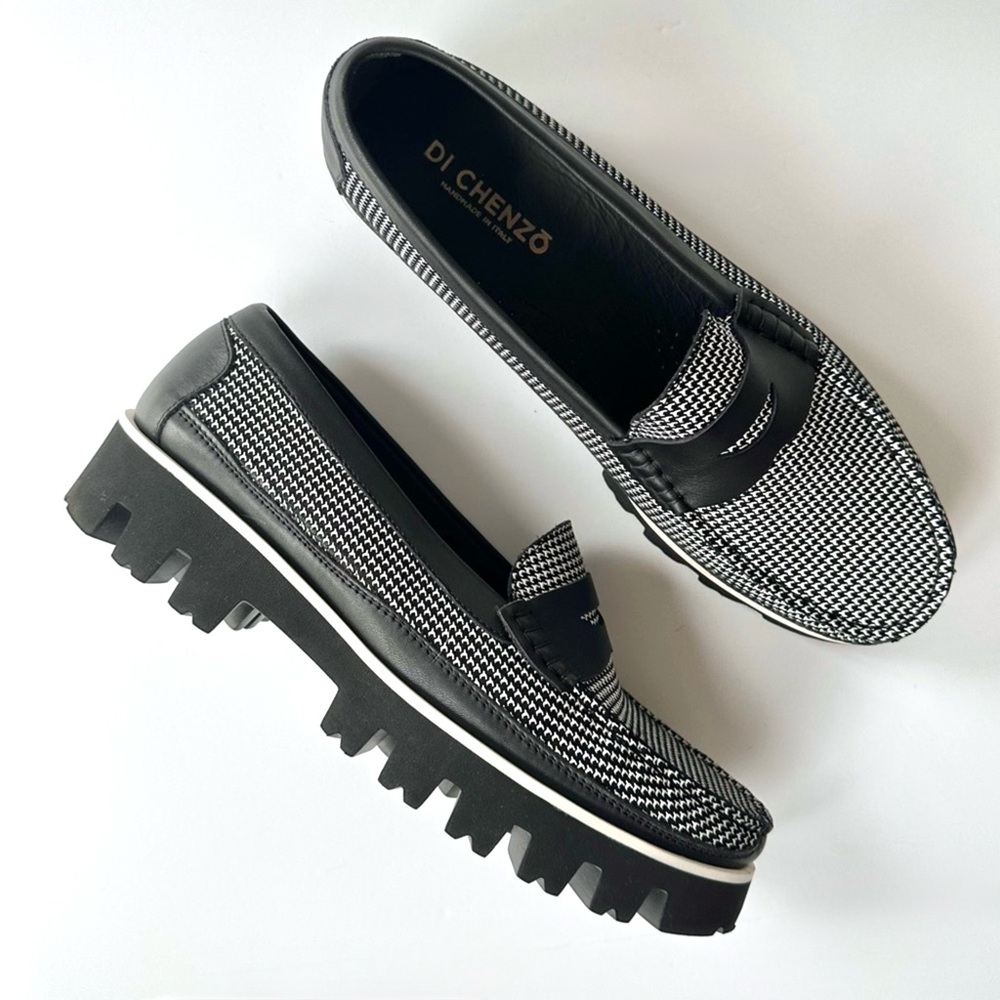NWOB Di Chenzo Micro Houndstooth Black & White Loafers 41 Made in Italy